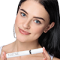 Dark haired woman holding the mascara horizontally